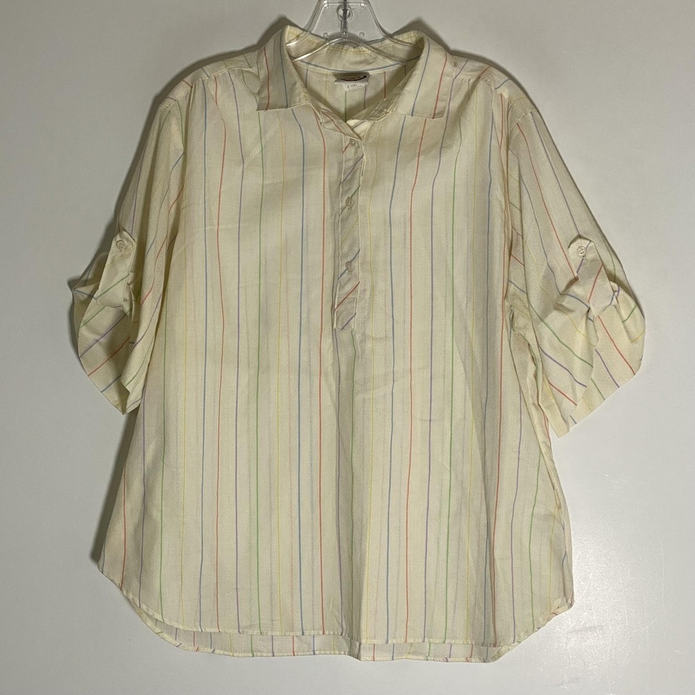 Picket And Post Top Womens 20W Multicolor Stripe Roll Tab 3/4 Sleeve Blouse